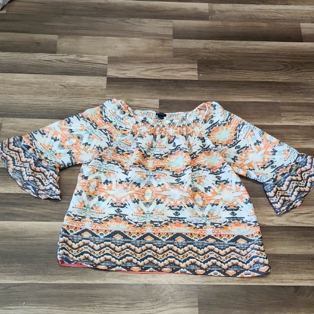 New Directions Blue and Orange Bell Sleeve Blouse Size Large